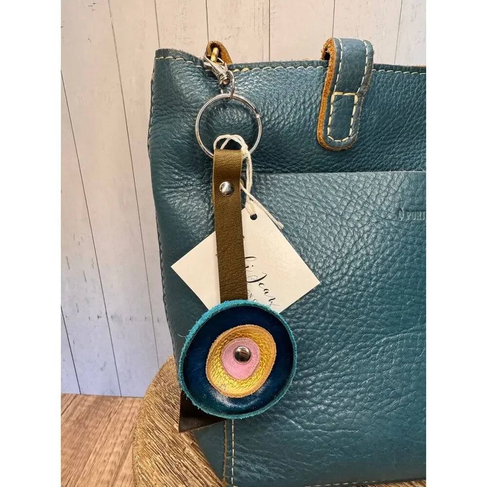 Genuine Leather Round Flower Purse Charm Blue Gold Lavender Boho Bag Charm